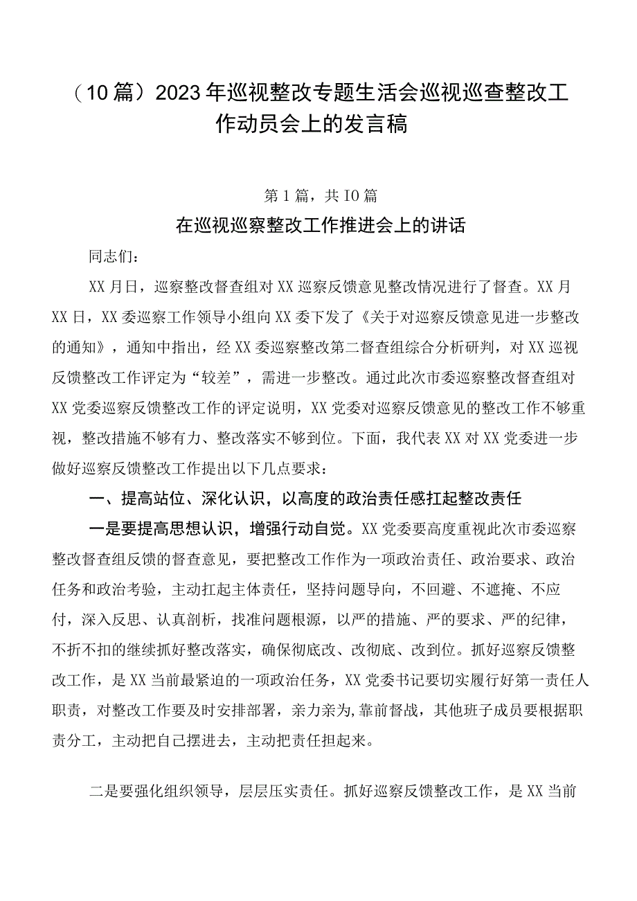 （10篇）2023年巡视整改专题生活会巡视巡查整改工作动员会上的发言稿.docx_第1页