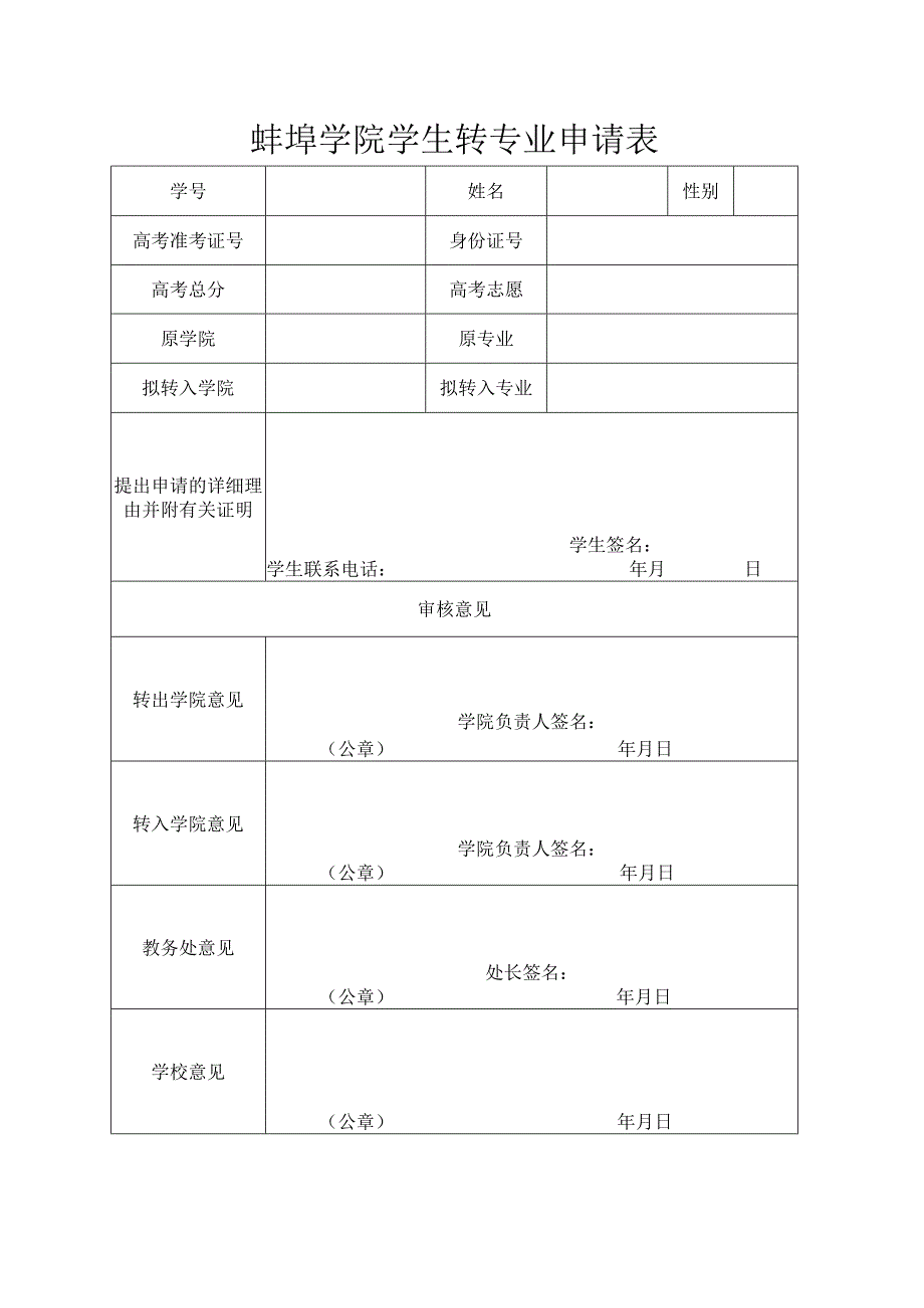 蚌埠学院学生转专业申请表.docx_第1页