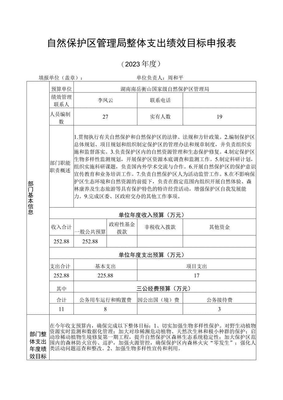 自然保护区管理局整体支出绩效目标申报表.docx_第1页