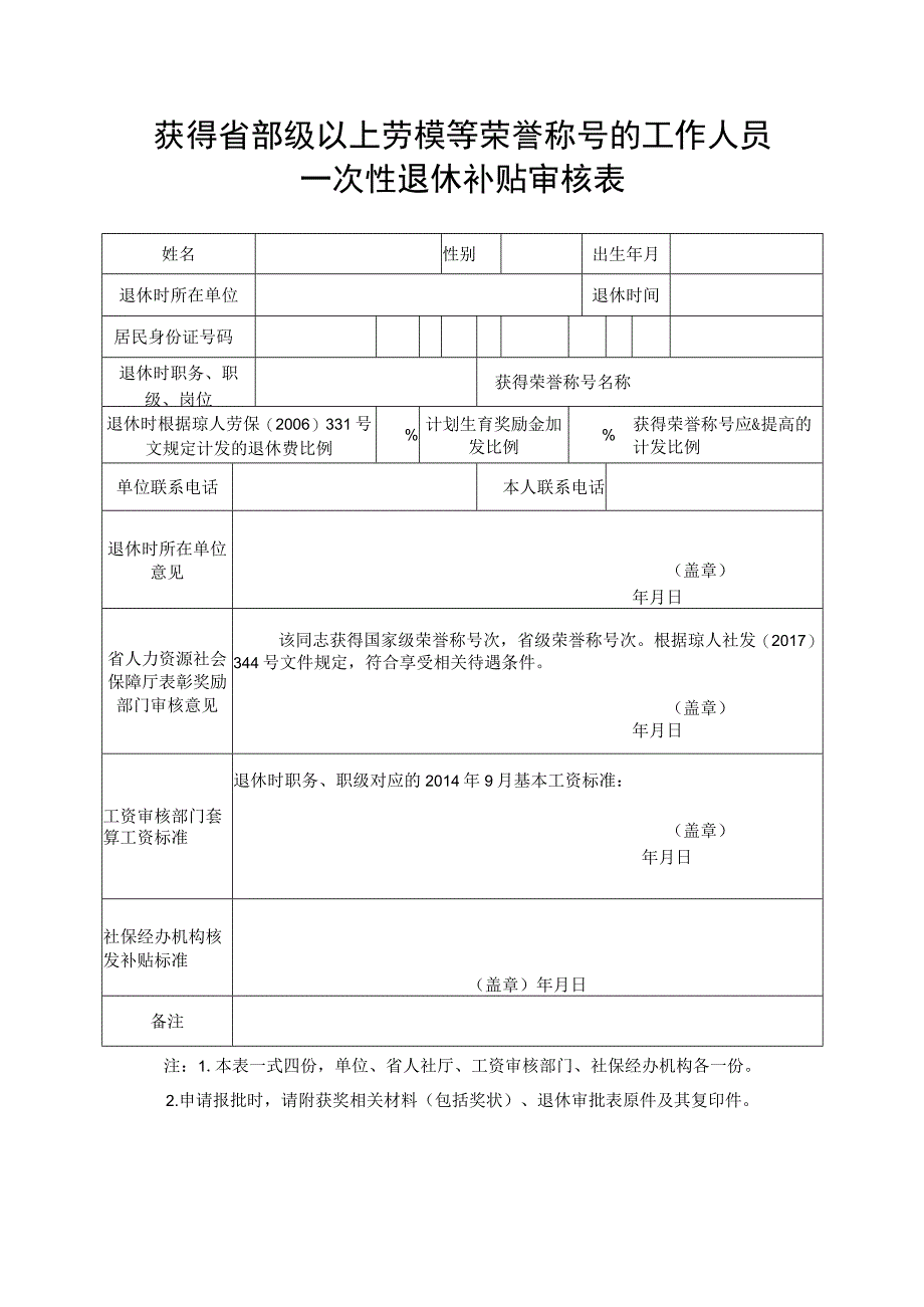 获得省部级以上劳模等荣誉称号的工作人员一次性退休补贴审核表.docx_第1页