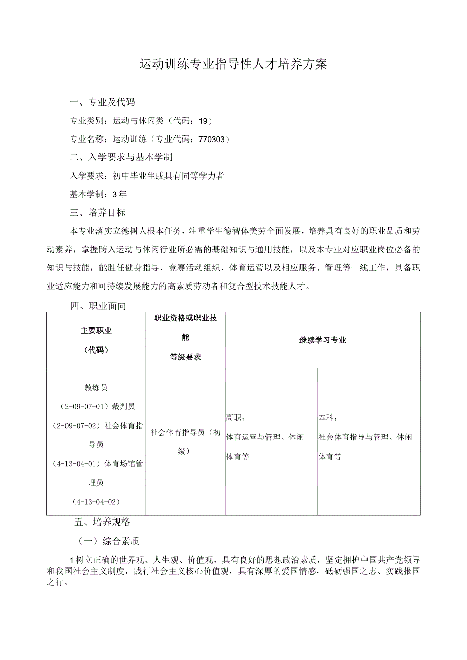 运动训练专业指导性人才培养方案.docx_第1页