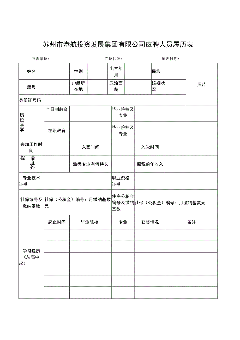 苏州市港航投资发展集团有限公司应聘人员履历表.docx_第1页