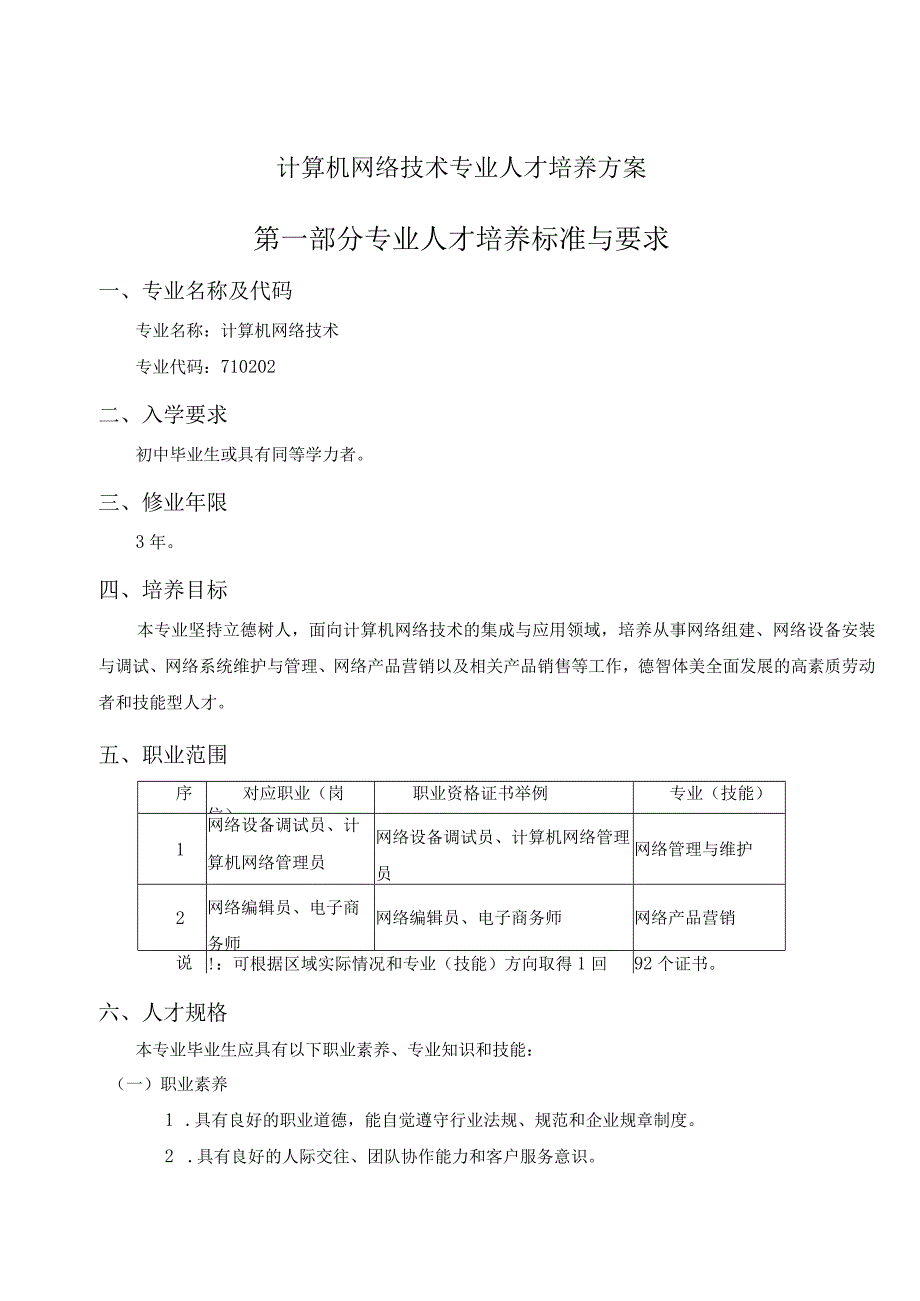 计算机网络技术专业人才培养方案第一部分专业人才培养标准与要求.docx_第1页