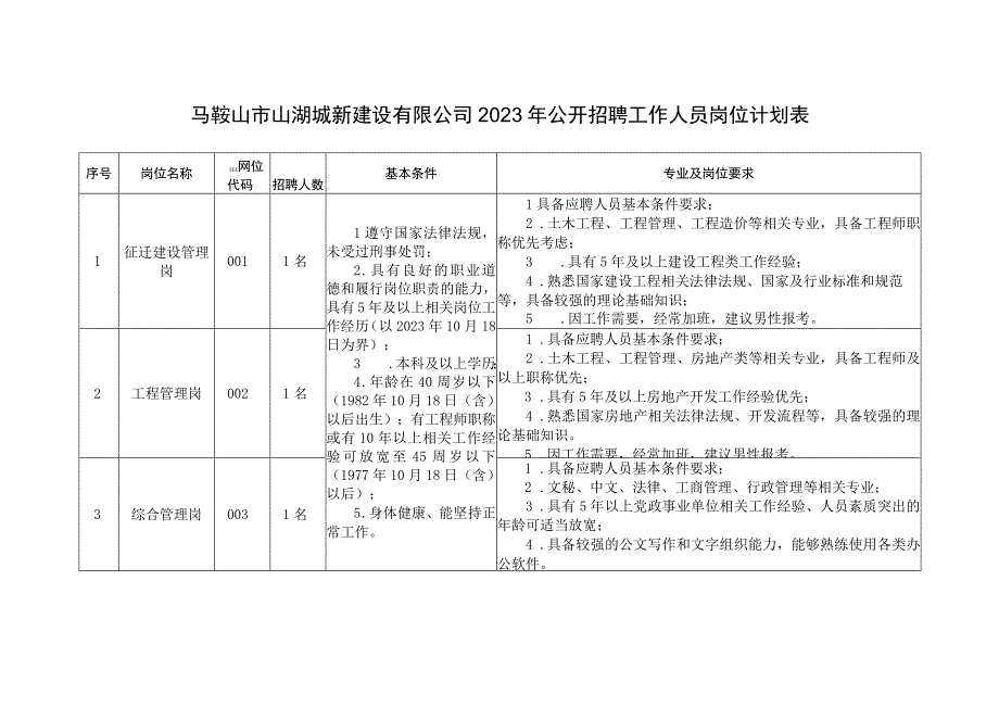 马鞍山市山湖城新建设有限公司2023年公开招聘工作人员岗位计划表.docx_第1页