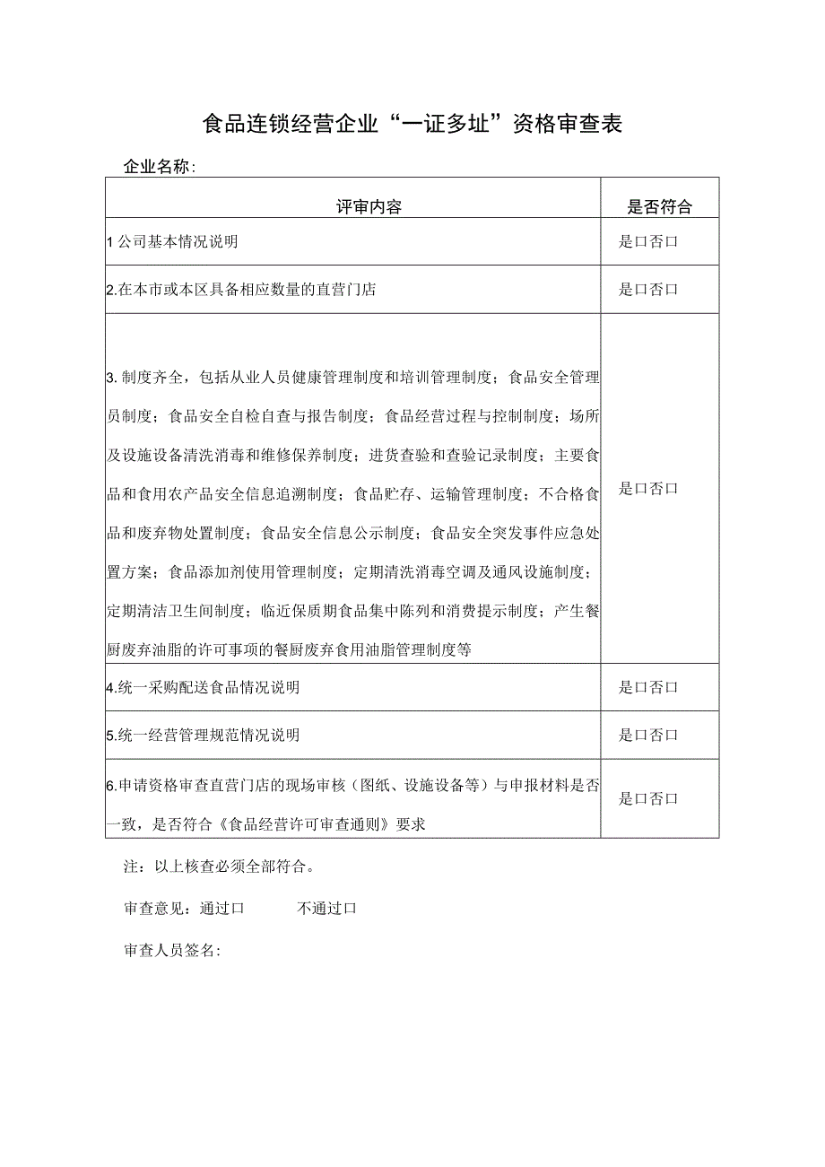 食品连锁经营企业“一证多址”资格审查表.docx_第1页