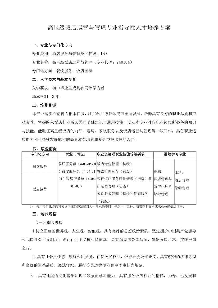 高星级饭店运营与管理专业指导性人才培养方案.docx_第1页