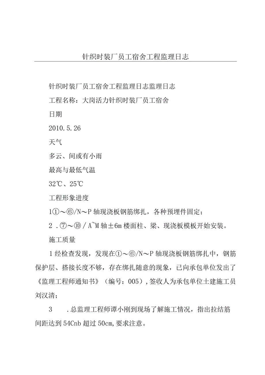 针织时装厂员工宿舍工程监理日志.docx_第1页