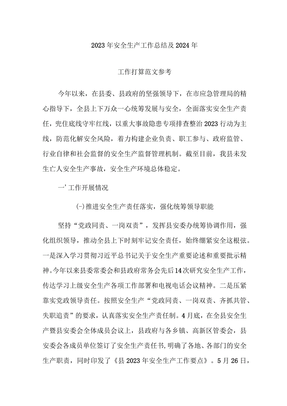 2023年安全生产工作总结及2024年工作打算范文参考.docx_第1页