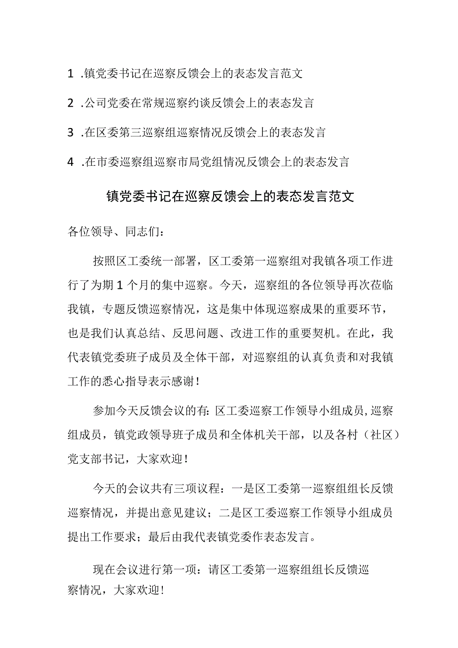 2023年在巡察反馈会上的表态发言范文4篇.docx_第1页