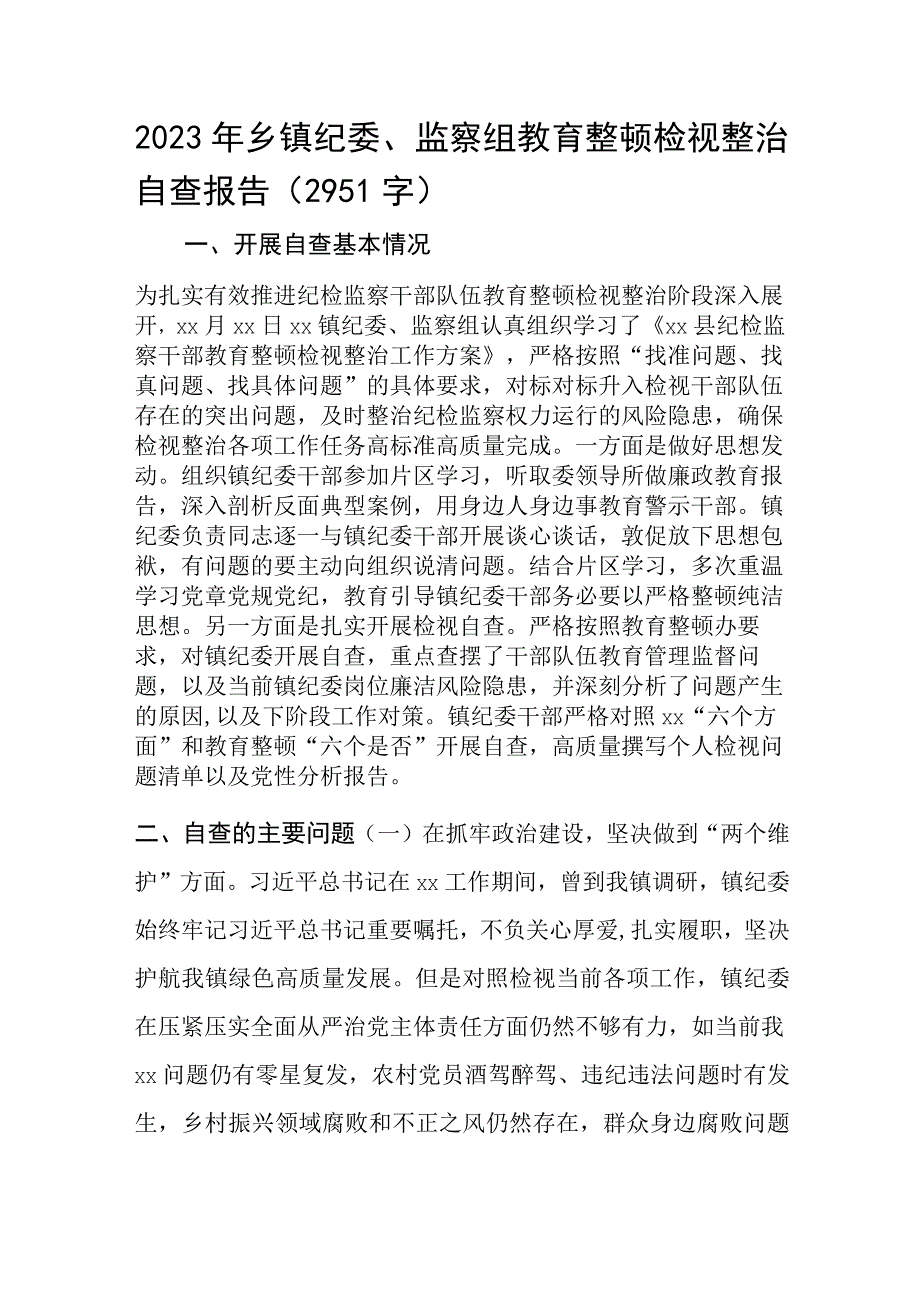 2023年乡镇纪委教育整顿检视整治自查报告.docx_第1页