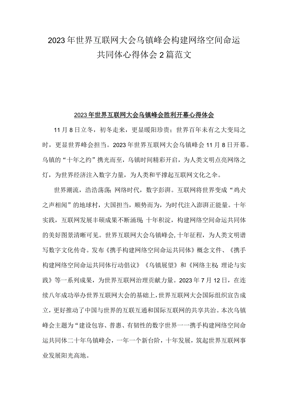 2023年世界互联网大会乌镇峰会构建网络空间命运共同体心得体会2篇范文.docx_第1页