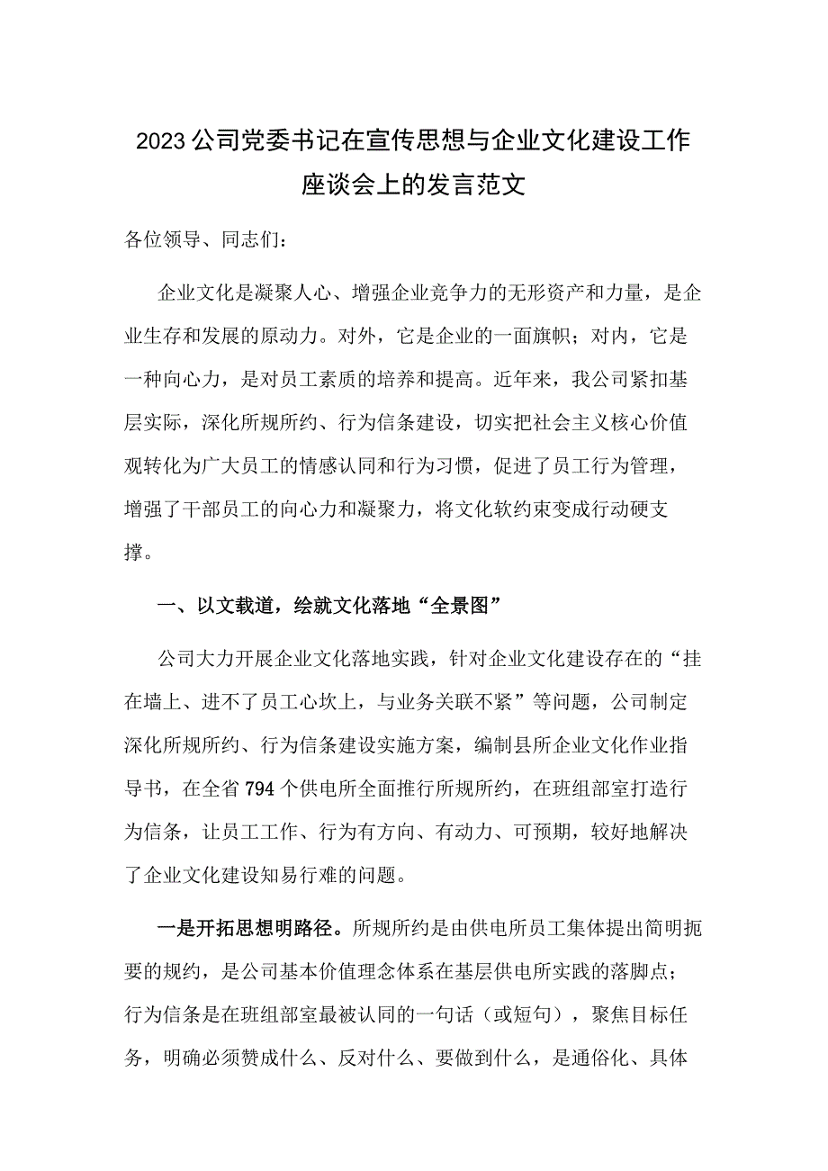 2023公司党委书记在宣传思想与企业文化建设工作座谈会上的发言范文.docx_第1页