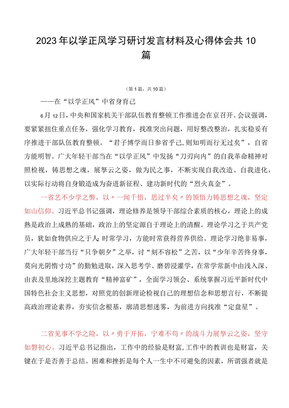 2023年以学正风学习研讨发言材料及心得体会共10篇.docx_第1页