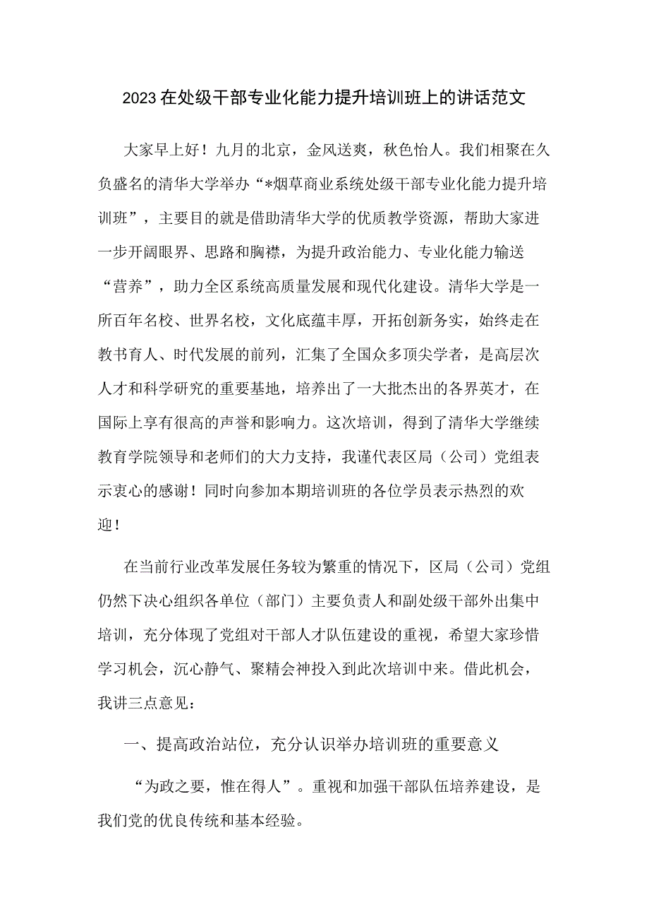 2023在处级干部专业化能力提升培训班上的讲话范文.docx_第1页