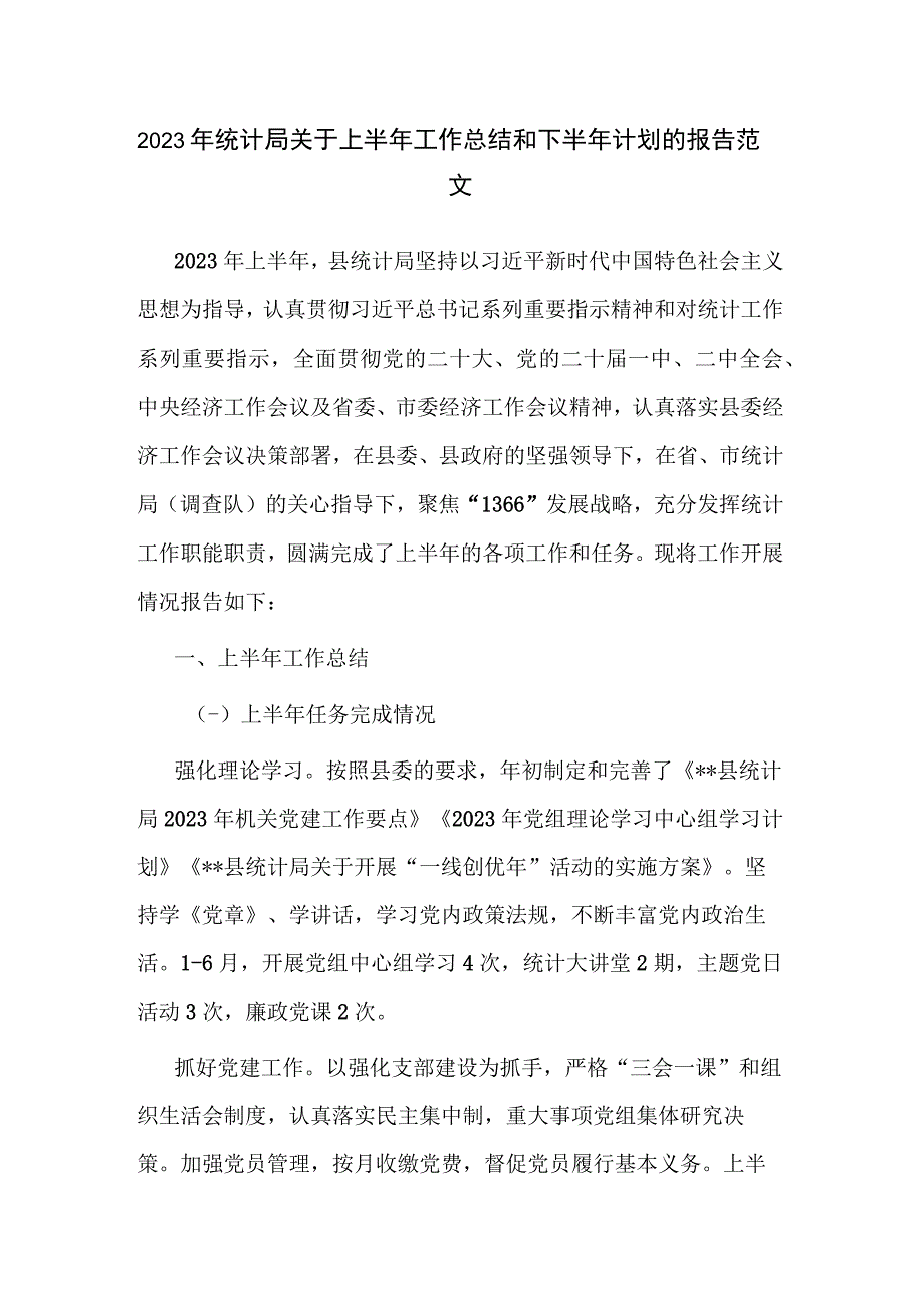 2023年统计局关于上半年工作总结和下半年计划的报告范文.docx_第1页