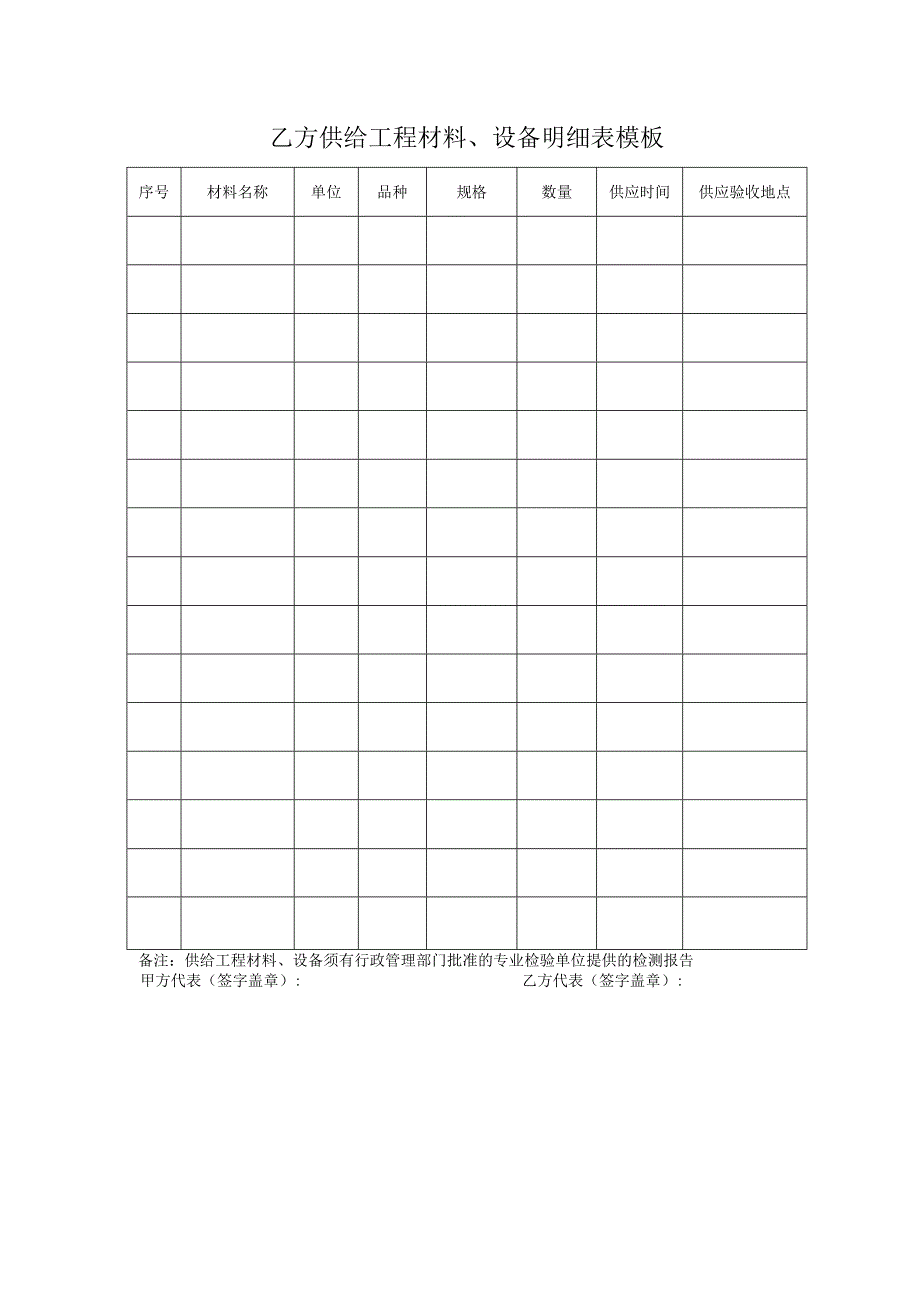 乙方供给工程材料、设备明细表模板.docx_第1页