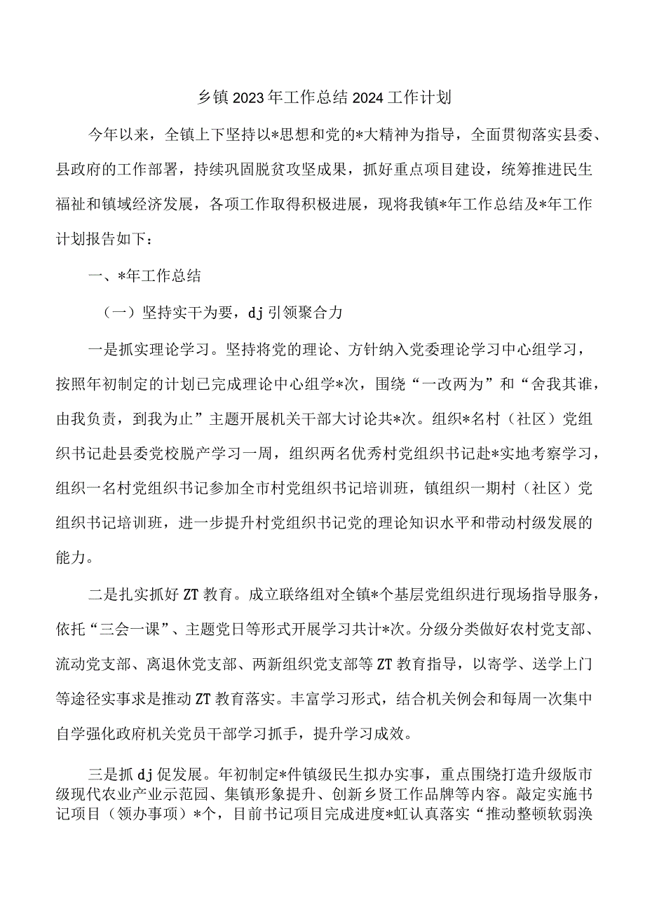 乡镇2023年工作总结2024工作计划.docx_第1页