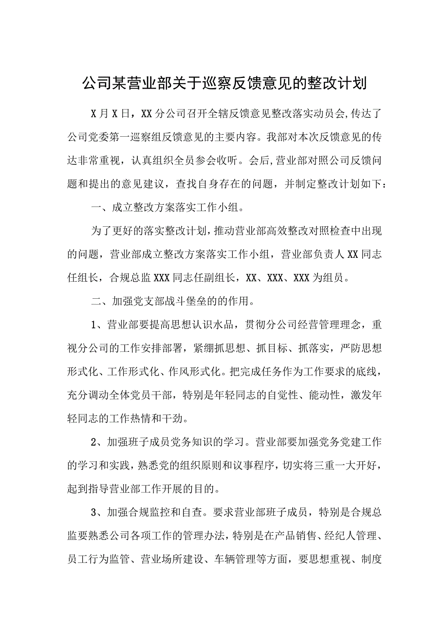 公司某营业部关于巡察反馈意见的整改计划.docx_第1页