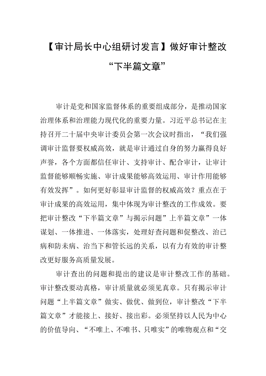 【审计局长中心组研讨发言】做好审计整改“下半篇文章”.docx_第1页