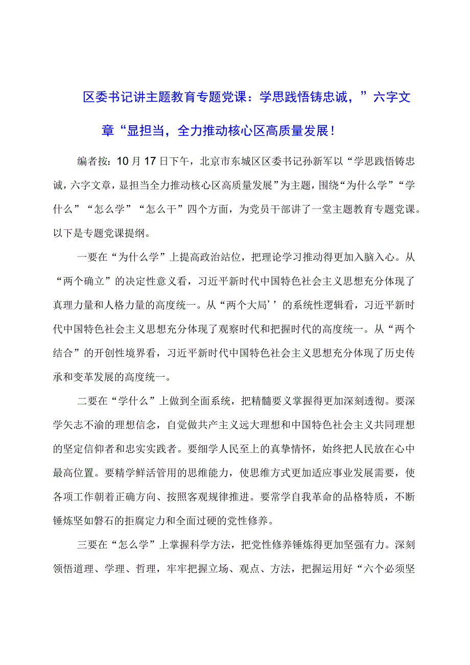 专题党课：学思践悟铸忠诚“六字文章”显担当全力推动核心区高质量发展.docx_第1页