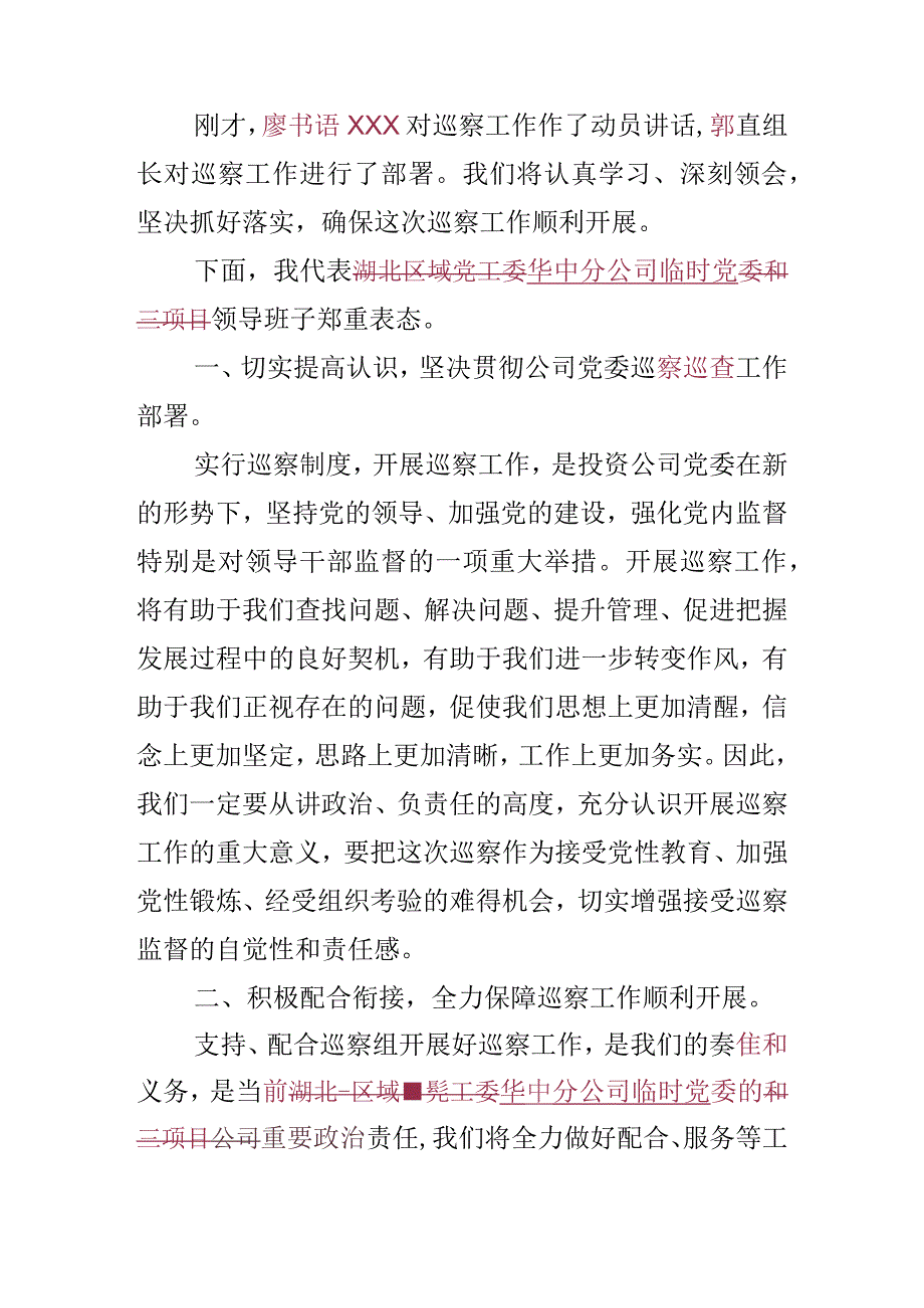 中交投资党工委第一巡察组巡察华中分公司临时党委工作动员会上的表态发言.docx_第2页