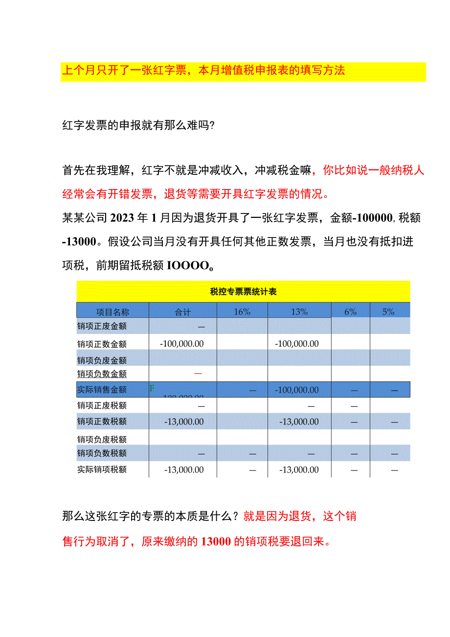 上个月只开了一张红字票本月增值税申报表的填写方法.docx_第1页