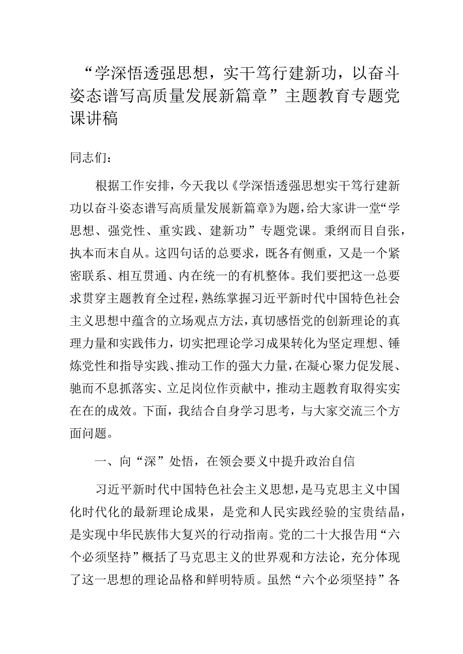 “学深悟透强思想实干笃行建新功以奋斗姿态谱写高质量发展新篇章”主题教育专题党课讲稿.docx_第1页