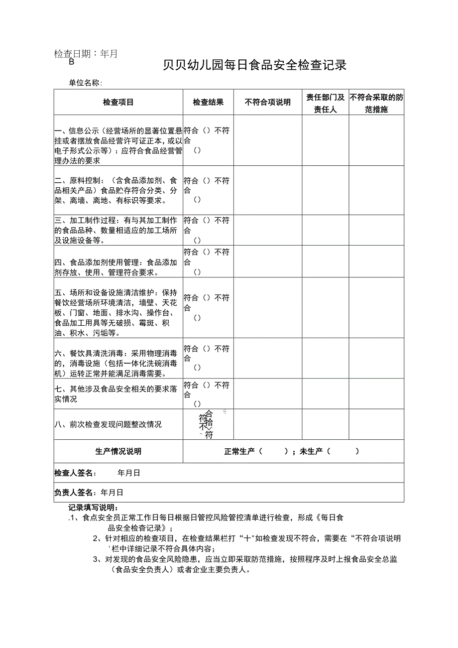 贝贝幼儿园每日食品安全检查记录（模板）.docx_第1页