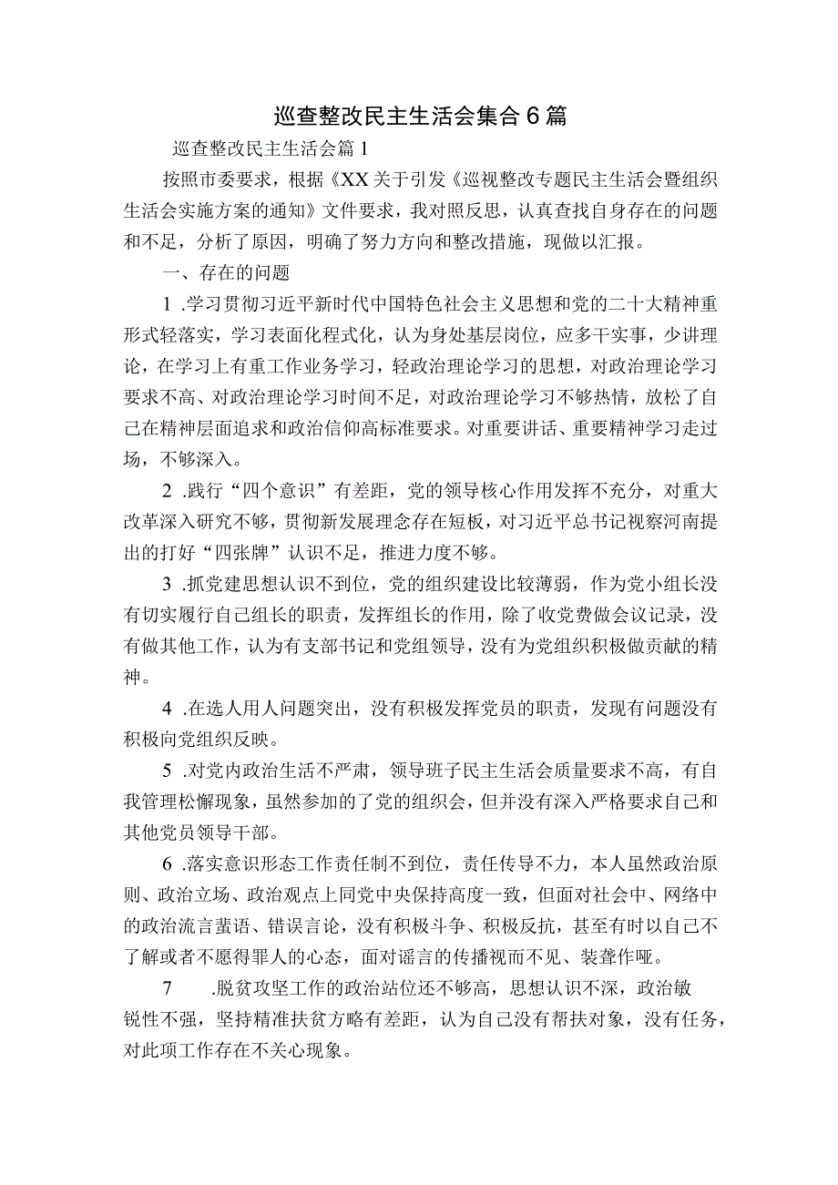 巡查整改民主生活会集合6篇.docx_第1页