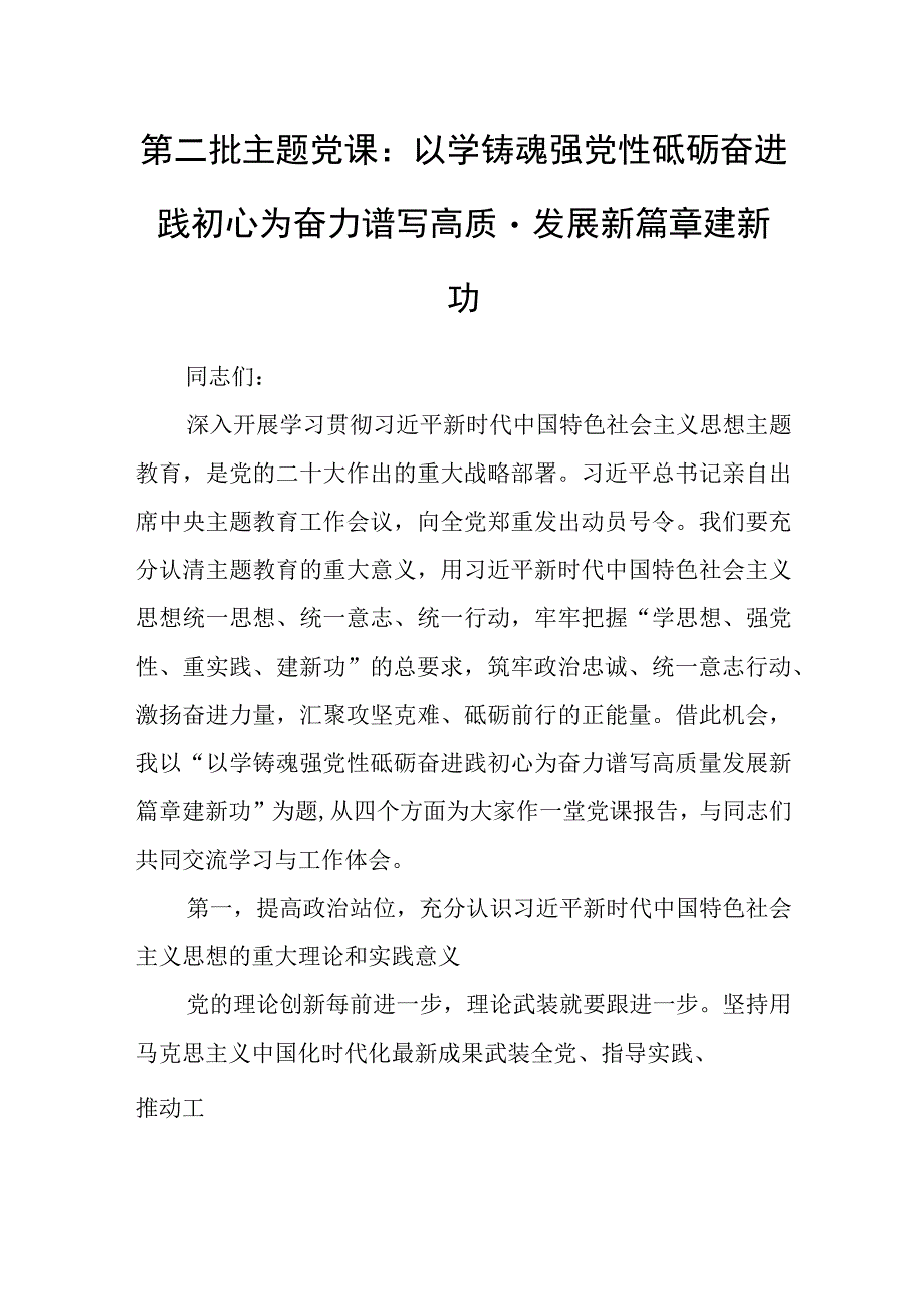 第二批主题党课：以学铸魂强党性砥砺奋进践初心为奋力谱写高质量发展新篇章建新功.docx_第1页