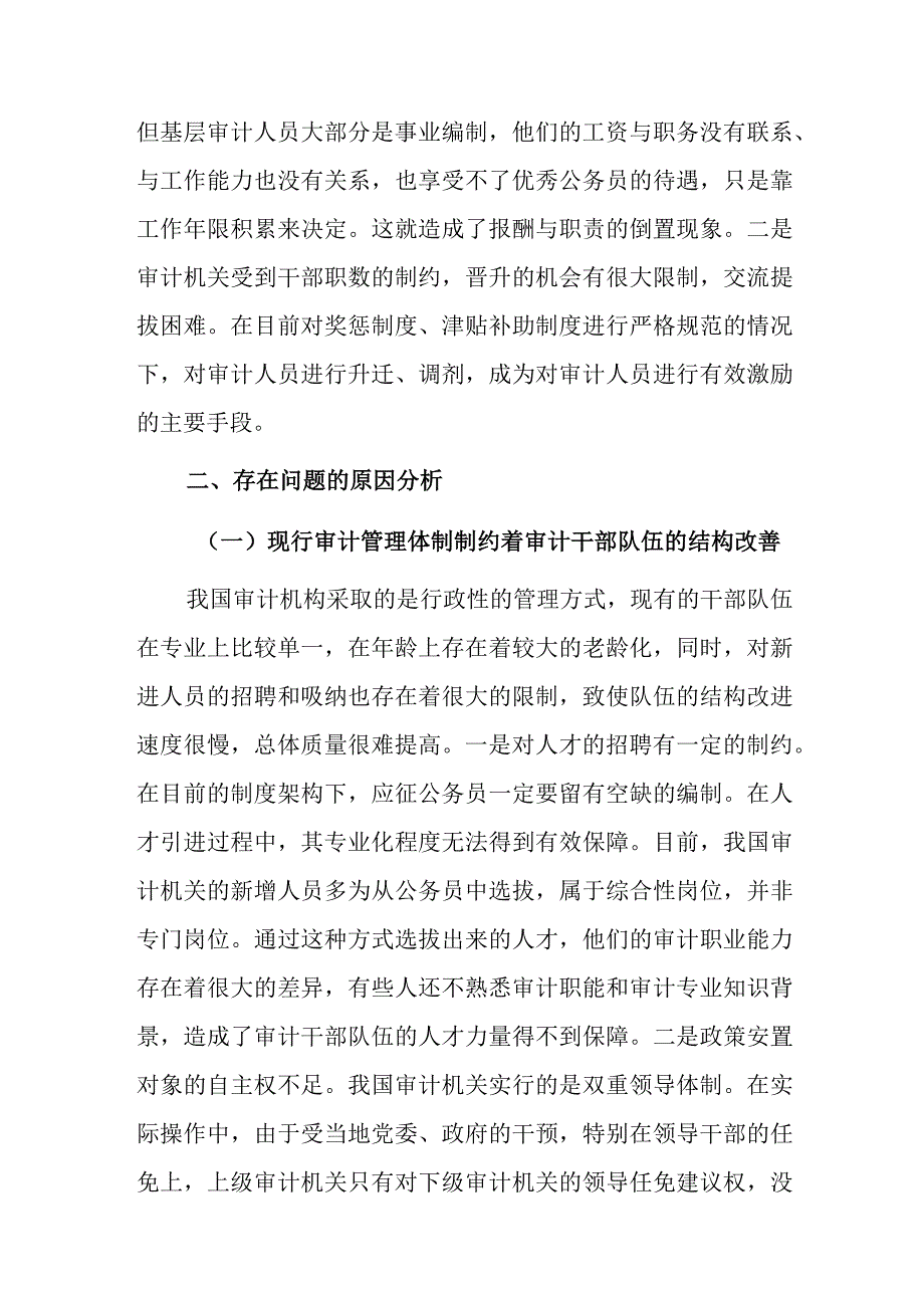 关于审计干部队伍建设问题及对策分析报告范文.docx_第3页