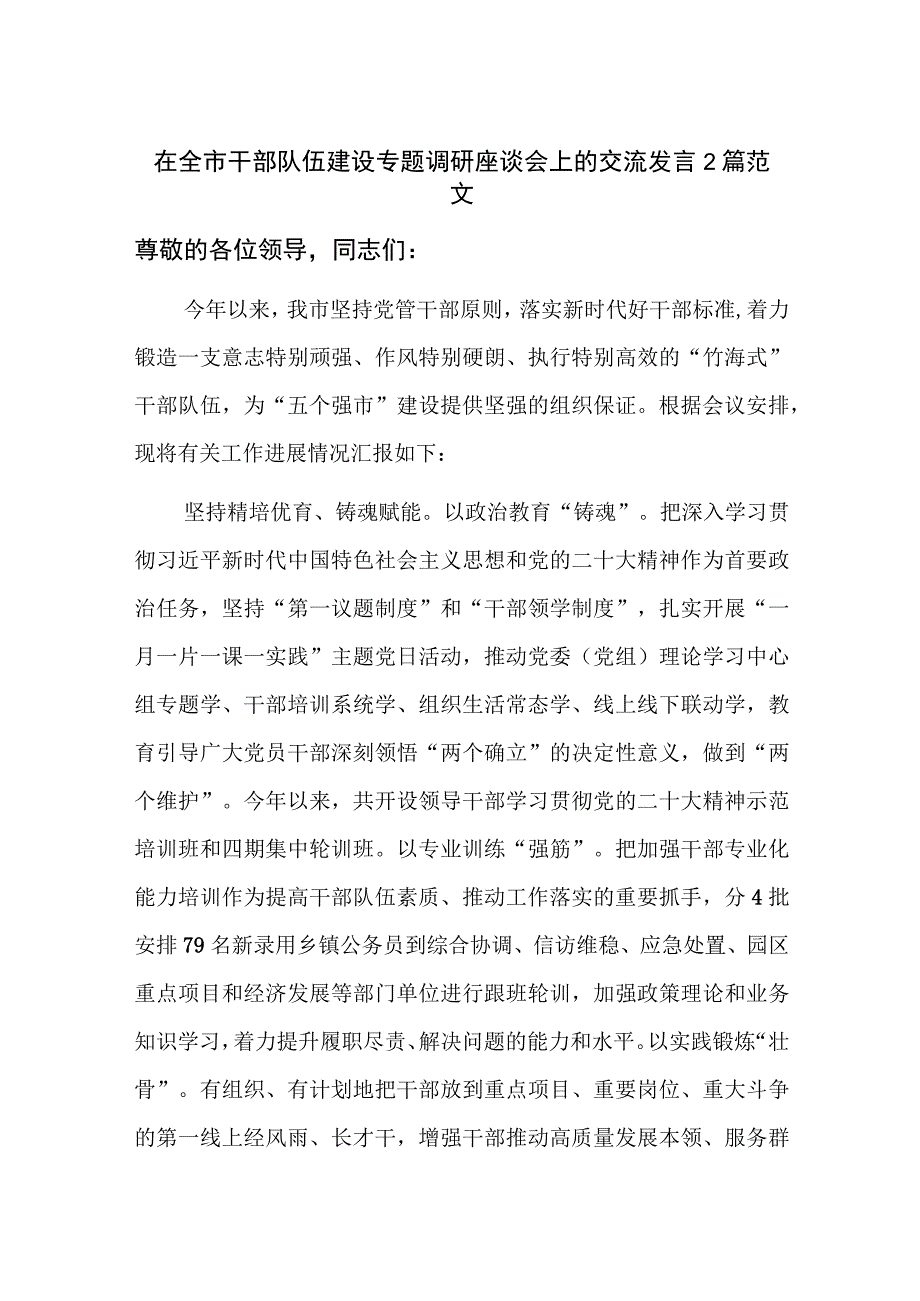 在全市干部队伍建设专题调研座谈会上的交流发言2篇范文.docx_第1页