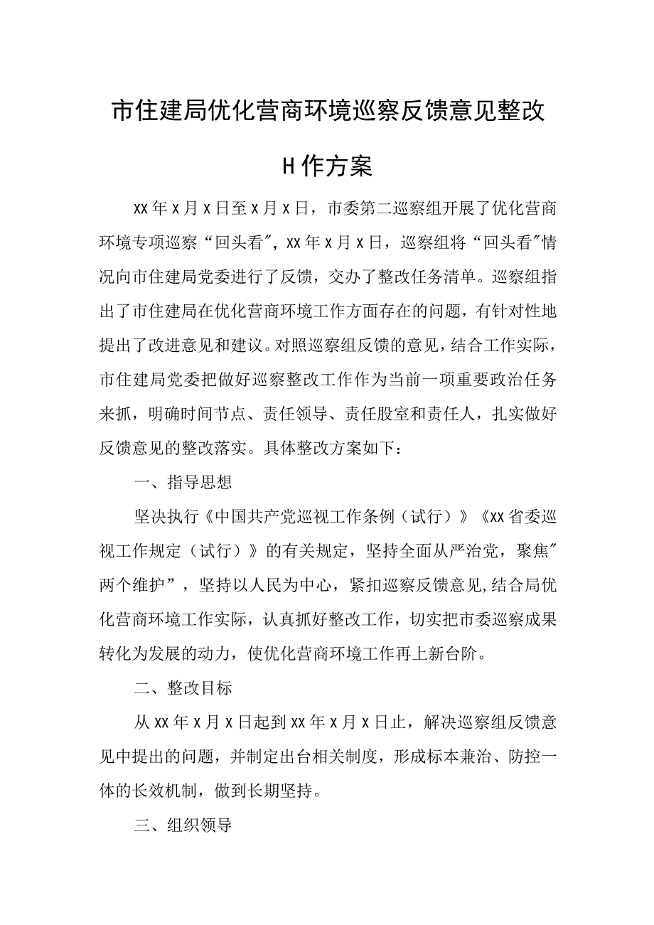 市住建局优化营商环境巡察反馈意见整改工作方案.docx_第1页