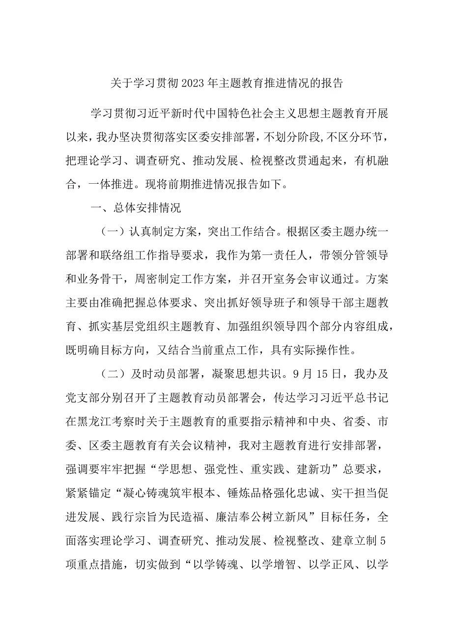 关于学习贯彻2023年主题教育推进情况的报告.docx_第1页