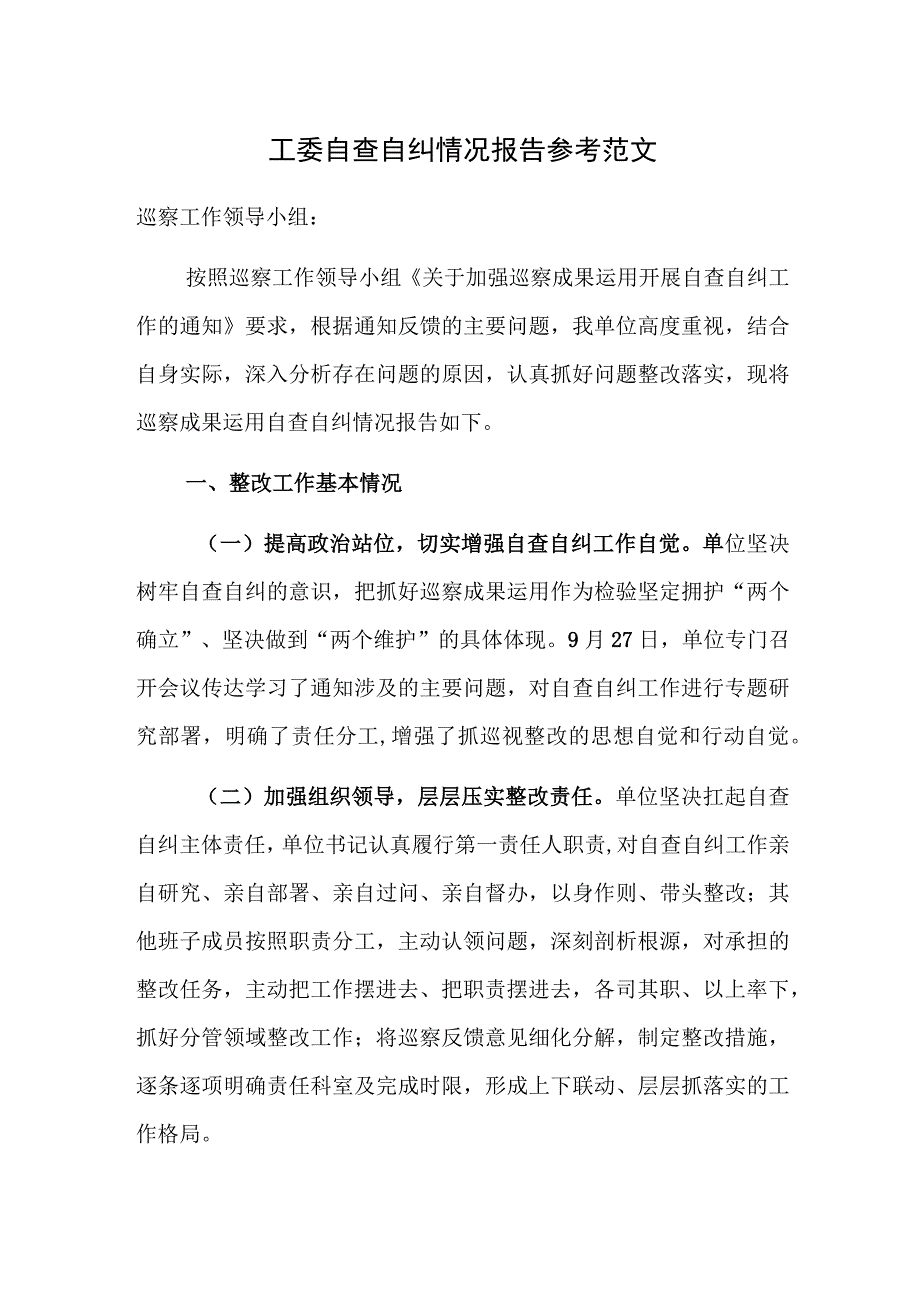 工委自查自纠情况报告参考范文.docx_第1页