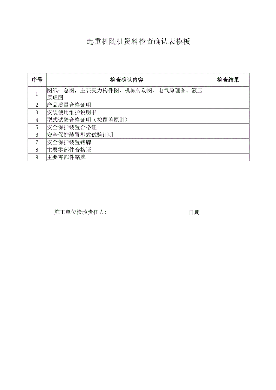 起重机随机资料检查确认表模板.docx_第1页