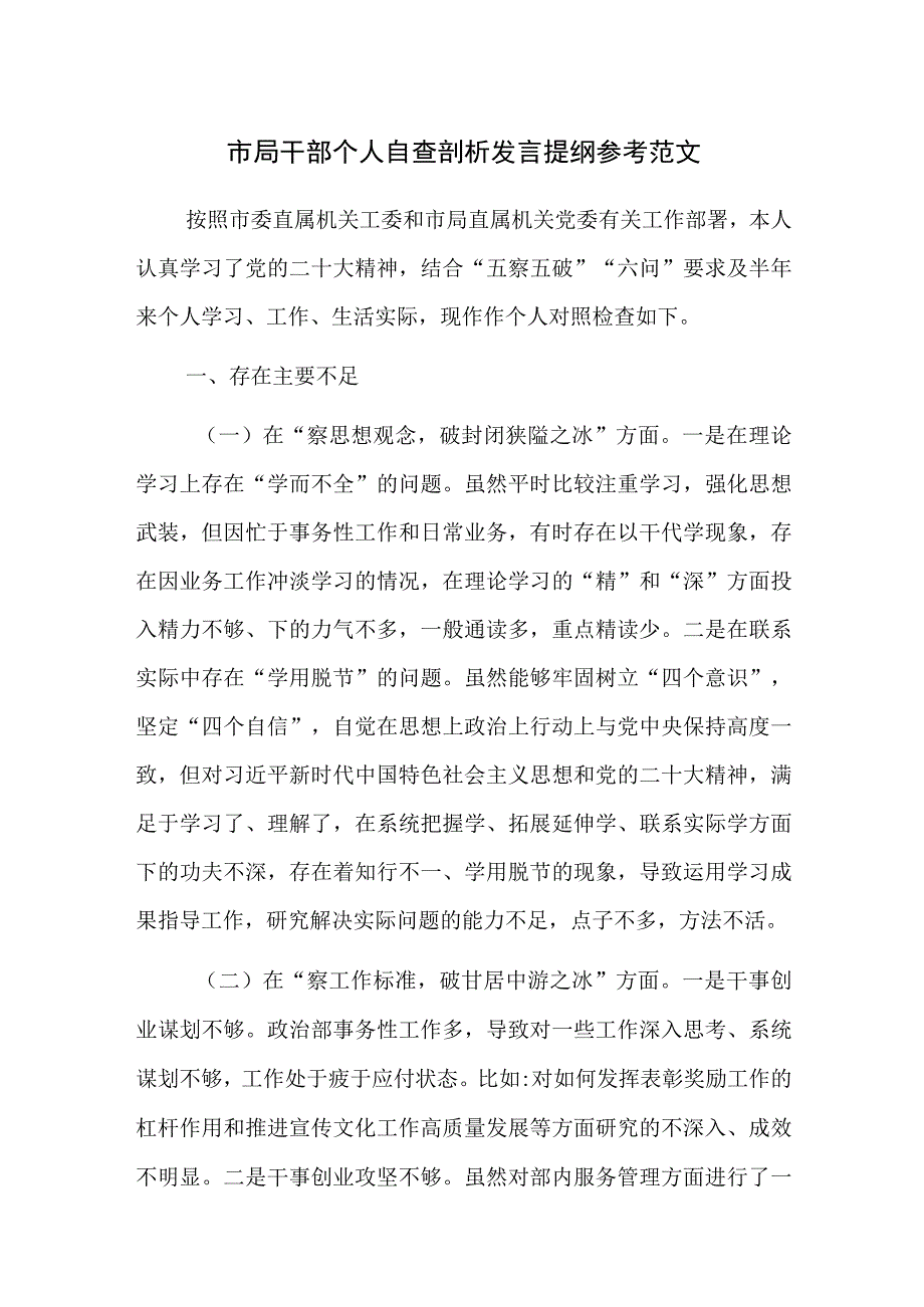 市局干部个人自查剖析发言提纲参考范文.docx_第1页