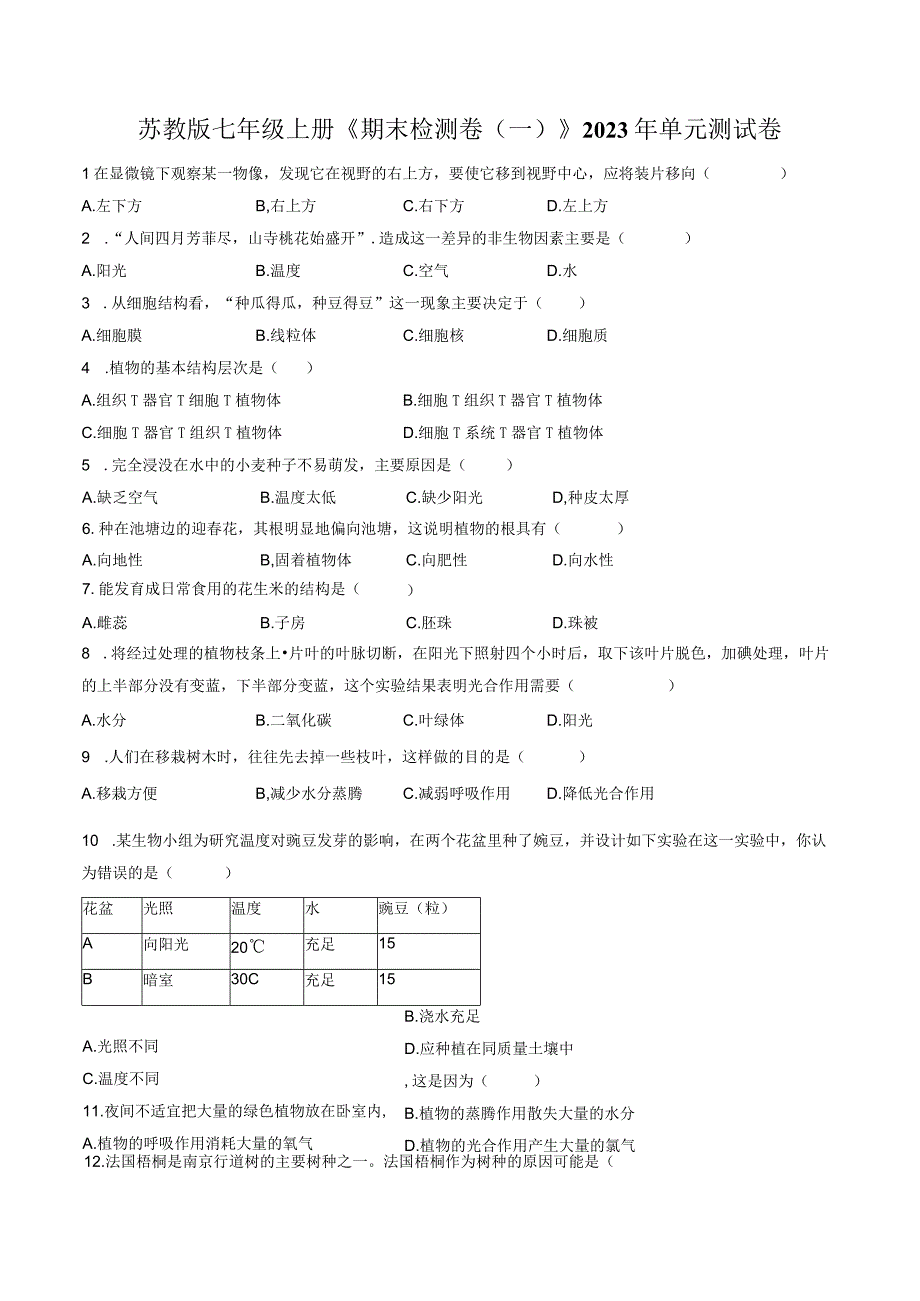 苏教版七年级上册《期末检测卷（一）》2023年单元测试卷（附答案详解）.docx_第1页