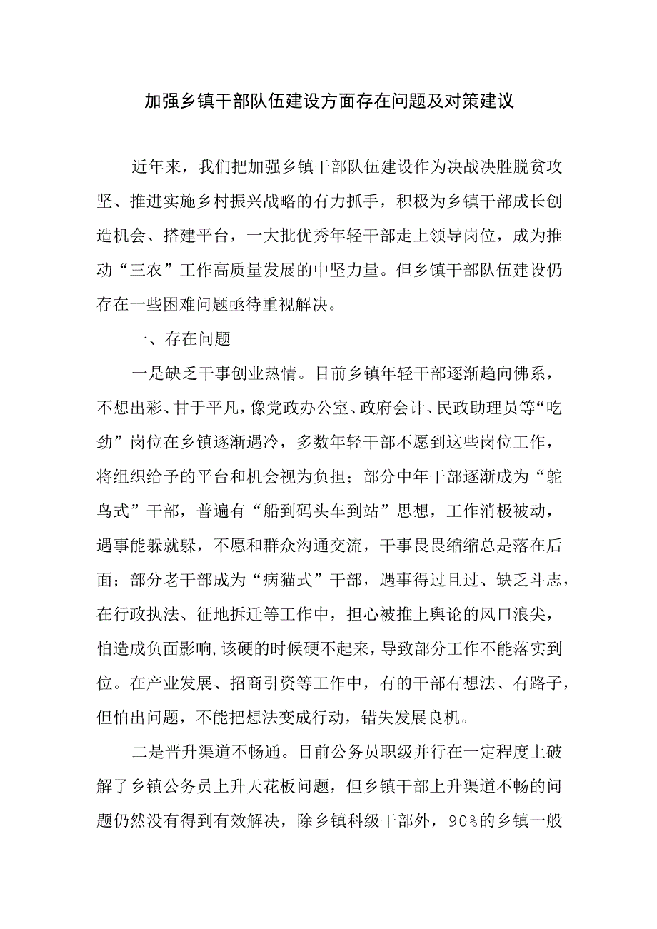 加强乡镇干部队伍建设方面存在问题及对策建议精选.docx_第1页