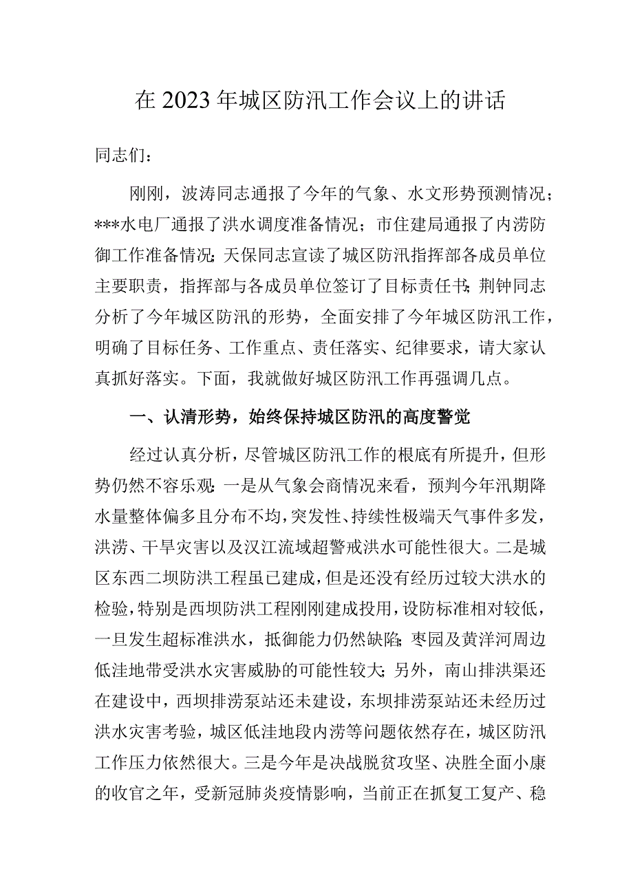 在2023年城区防汛工作会议上的讲话.docx_第1页