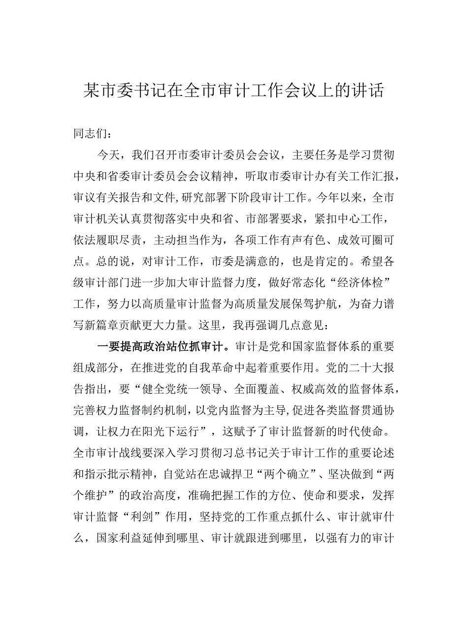 某市委书记在全市审计工作会议上的讲话.docx_第1页