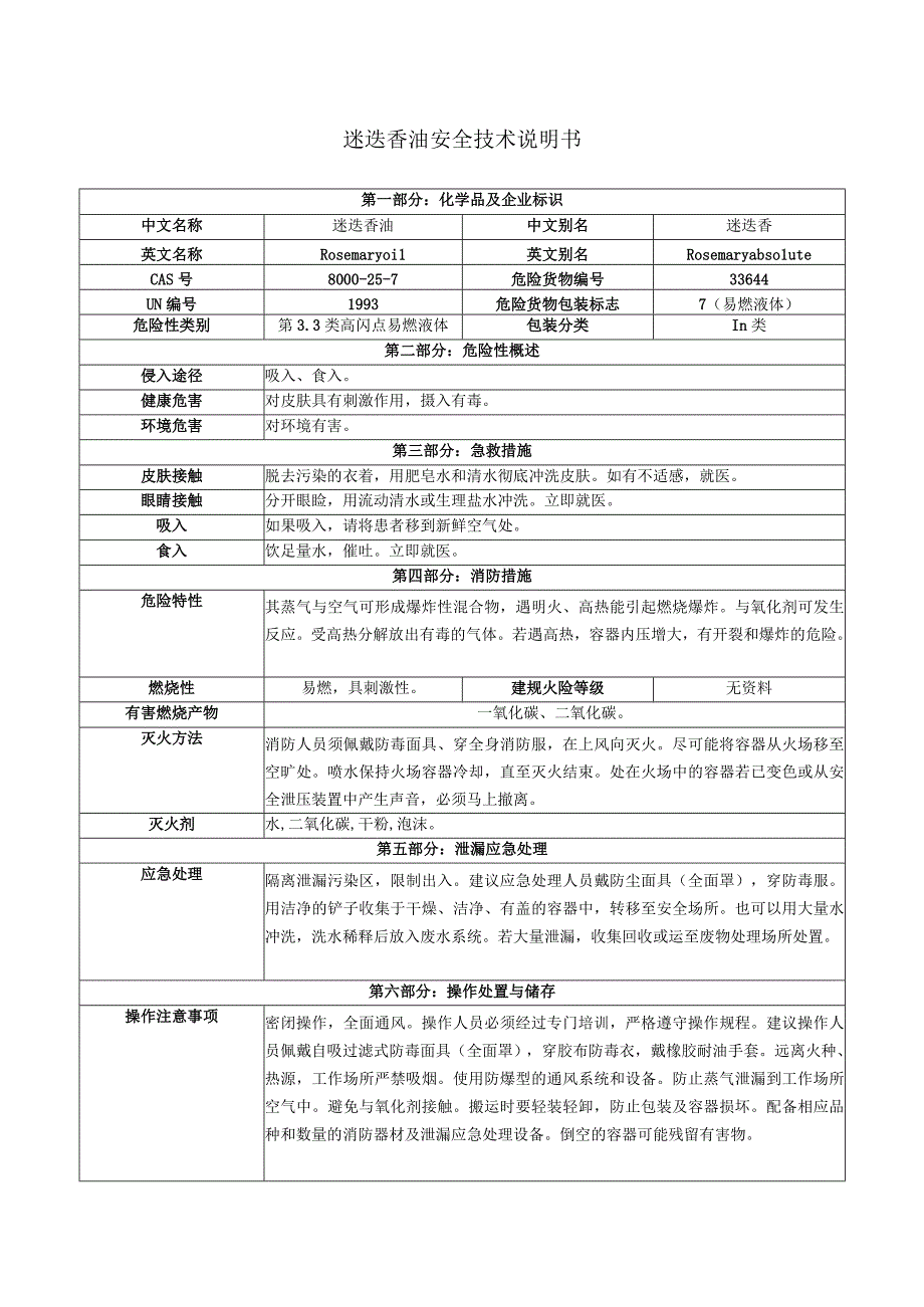 迷迭香油安全技术说明书.docx_第1页