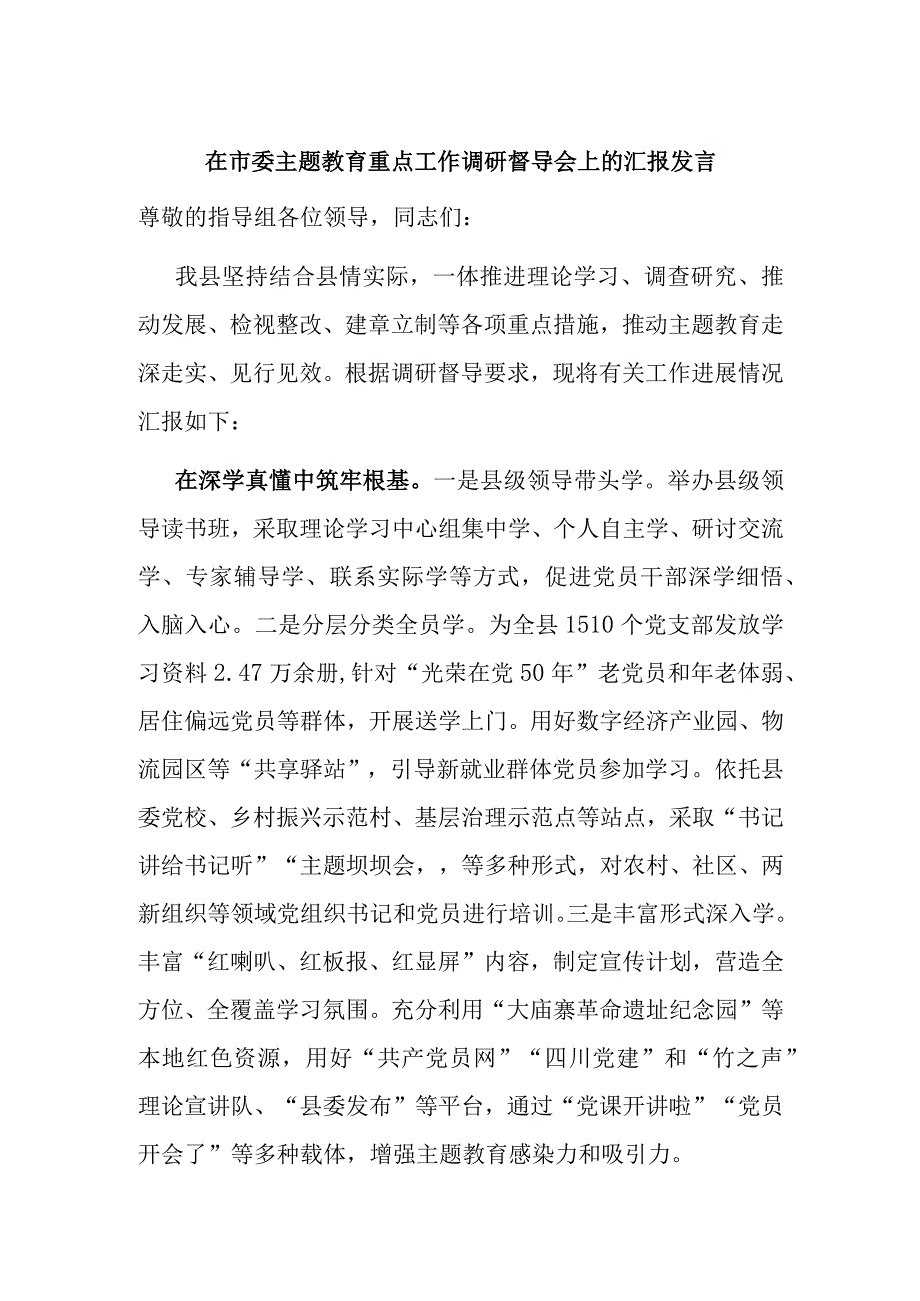 在市委主题教育重点工作调研督导会上的汇报发言.docx_第1页