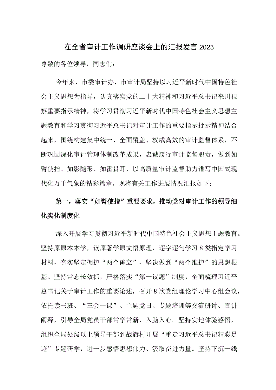 在全省审计工作调研座谈会上的汇报发言2023.docx_第1页