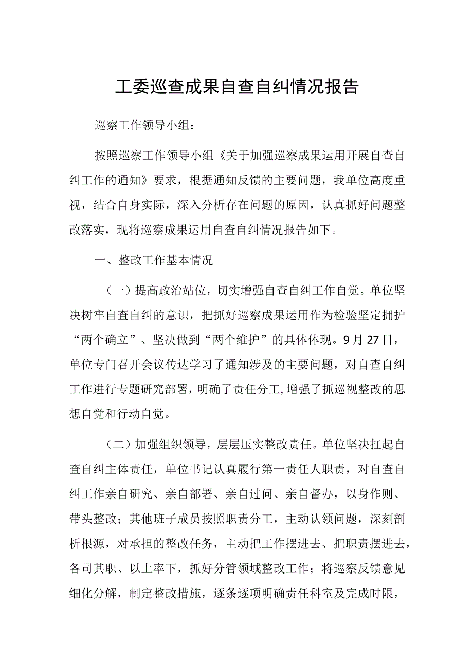 工委巡查成果自查自纠情况报告.docx_第1页