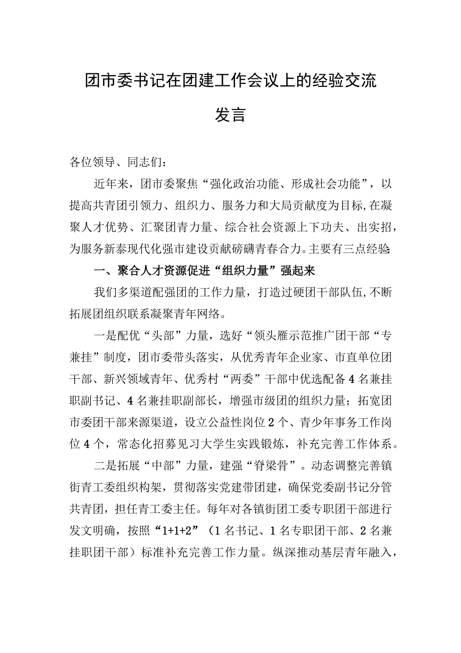 团市委书记在团建工作会议上的经验交流发言.docx_第1页