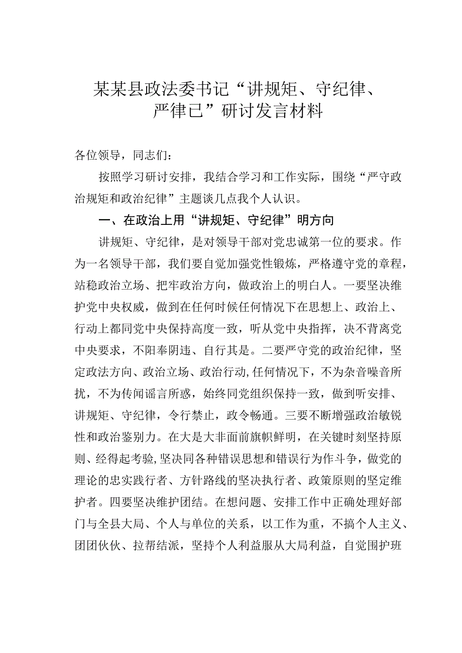 某某县政法委书记“讲规矩、守纪律、严律已”研讨发言材料.docx_第1页