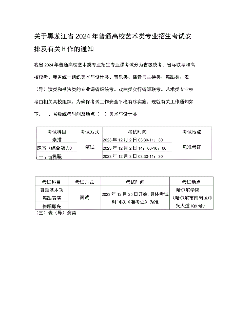 关于黑龙江省2024年普通高校艺术类专业招生考试安排及有关工作的通知.docx_第1页