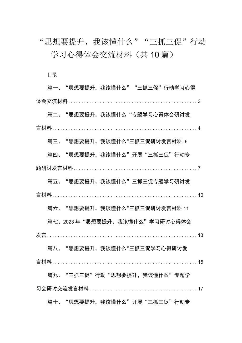 2023“思想要提升我该懂什么”“三抓三促”行动学习心得体会交流材料范文精选(10篇).docx_第1页