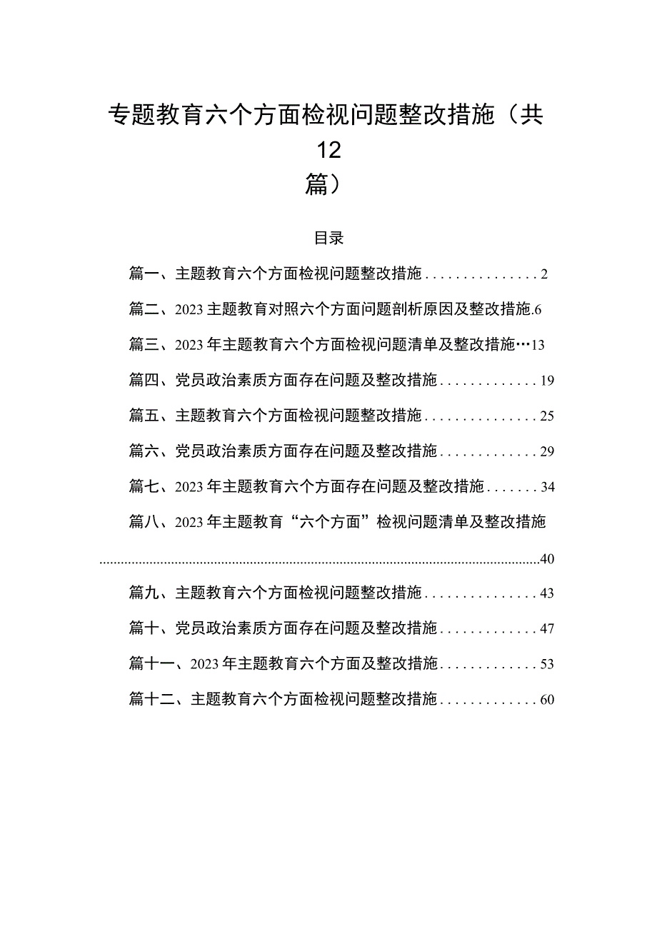 2023专题教育六个方面检视问题整改措施范文精选(12篇).docx_第1页